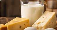 Illustrative milk and cheese still life