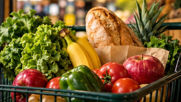 Illustrative image crop of colorful produce and bread arranged in a market basket